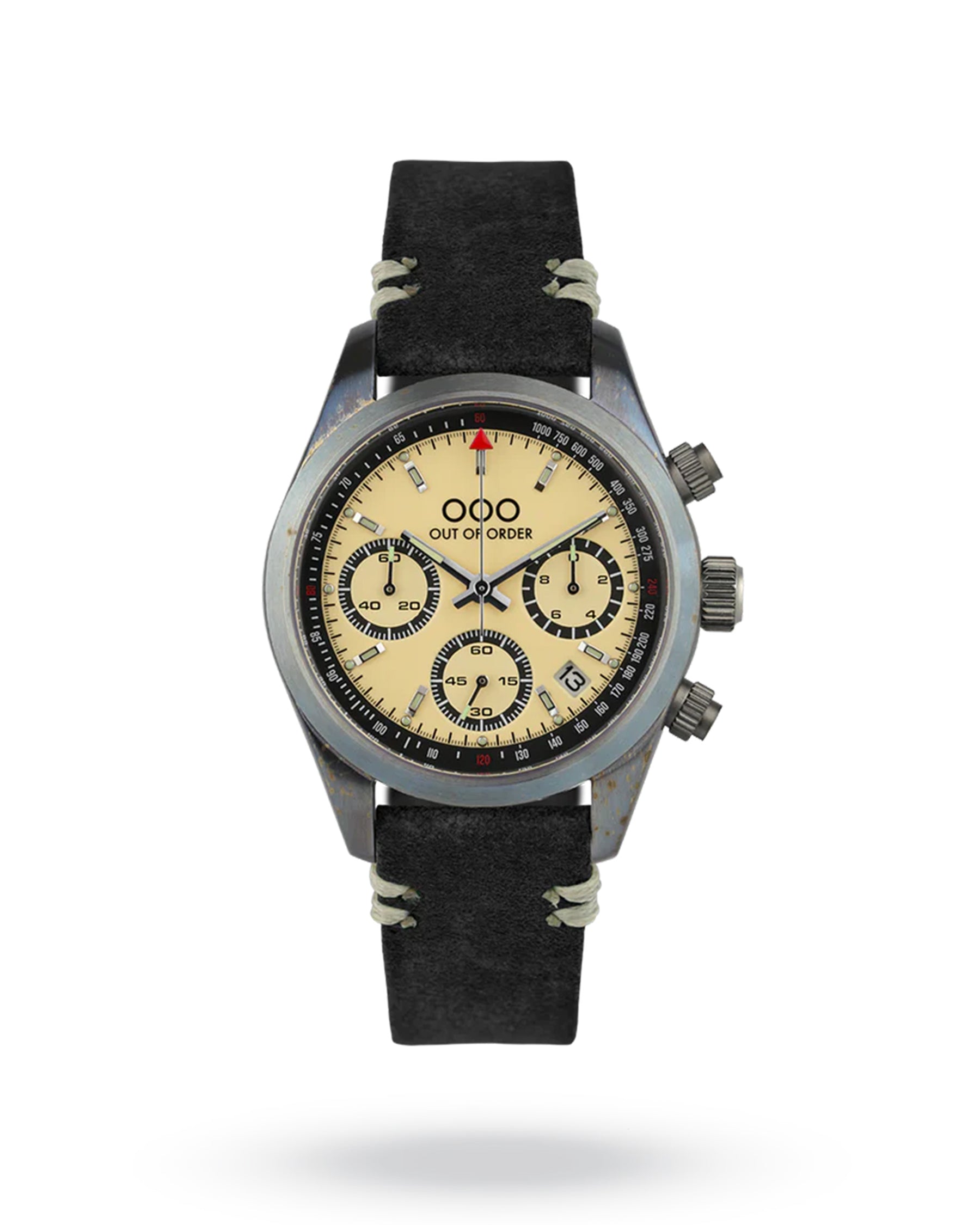 Out Of Order Cream Sporty Cronografo Black Leather Strap