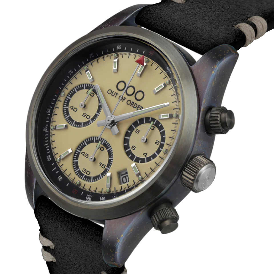 Out Of Order Cream Sporty Cronografo Black Leather Strap
