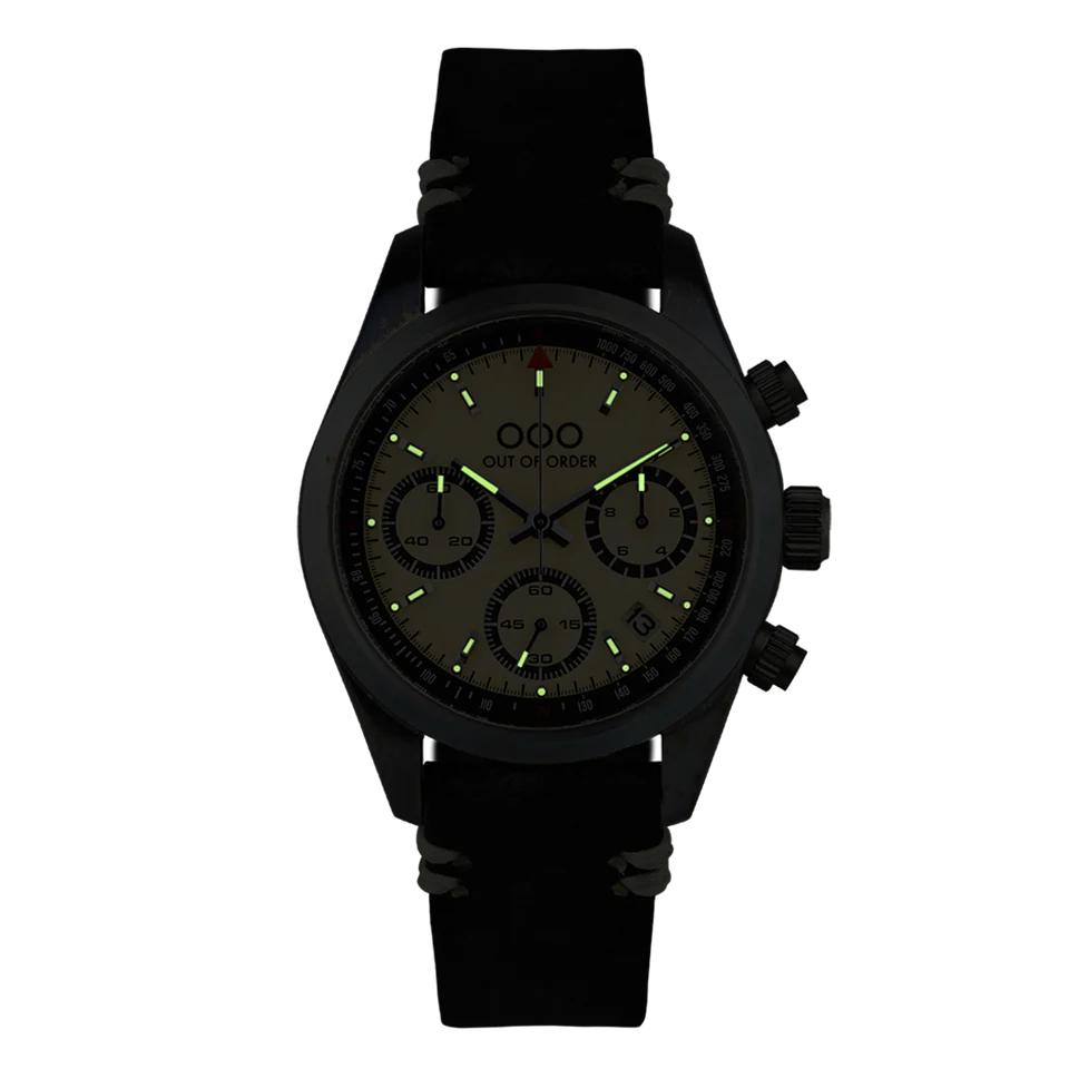 Out Of Order Cream Sporty Cronografo Black Leather Strap