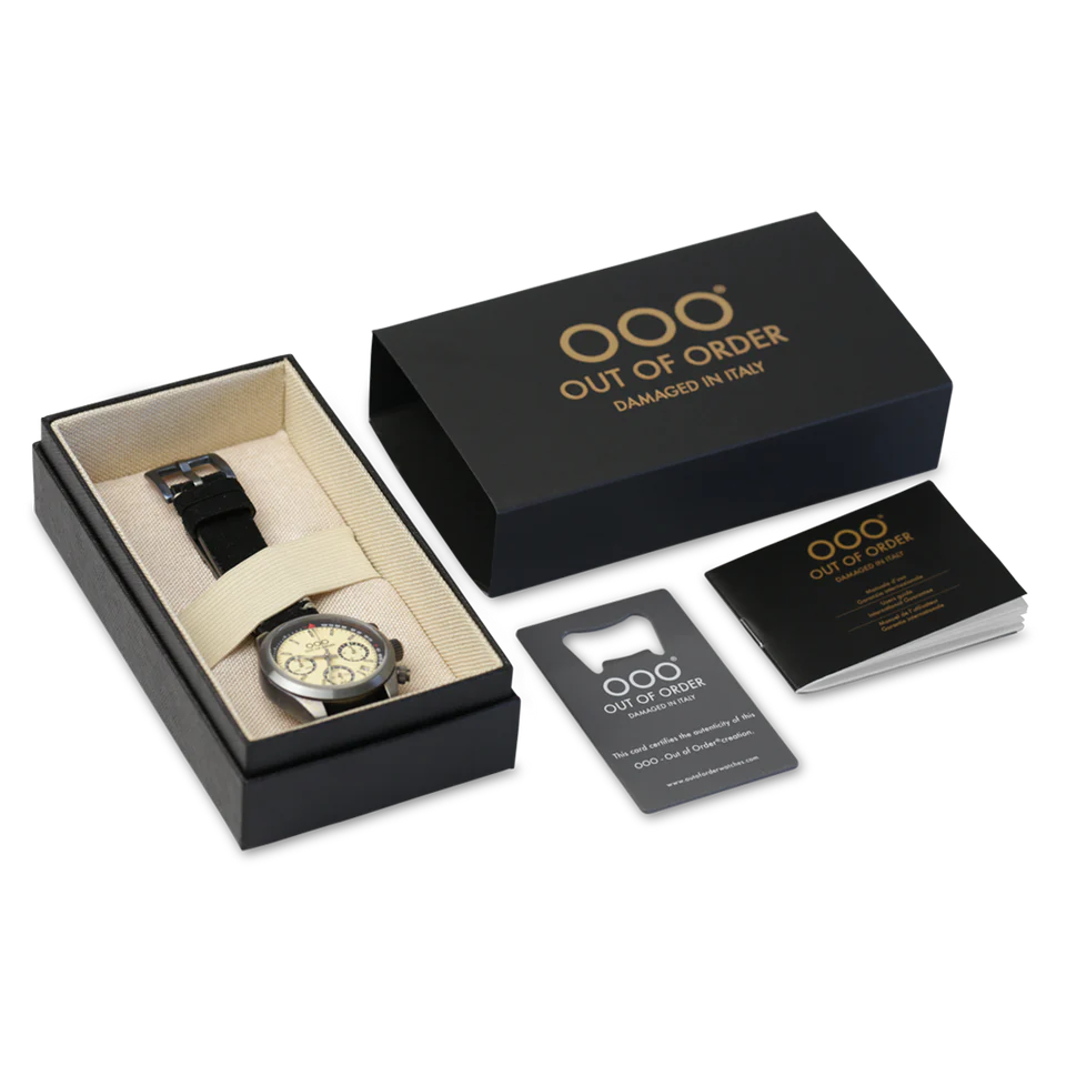 Out Of Order Cream Sporty Cronografo Black Leather Strap